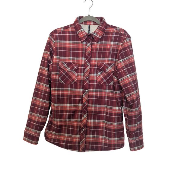KUHL Women Size Medium Fleece Lined Plaid Shacket Snap Button Red Orange - Picture 1 of 9